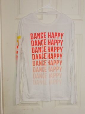 White Long Sleeve Tee with 'DANCE HAPPY' Ombre Print